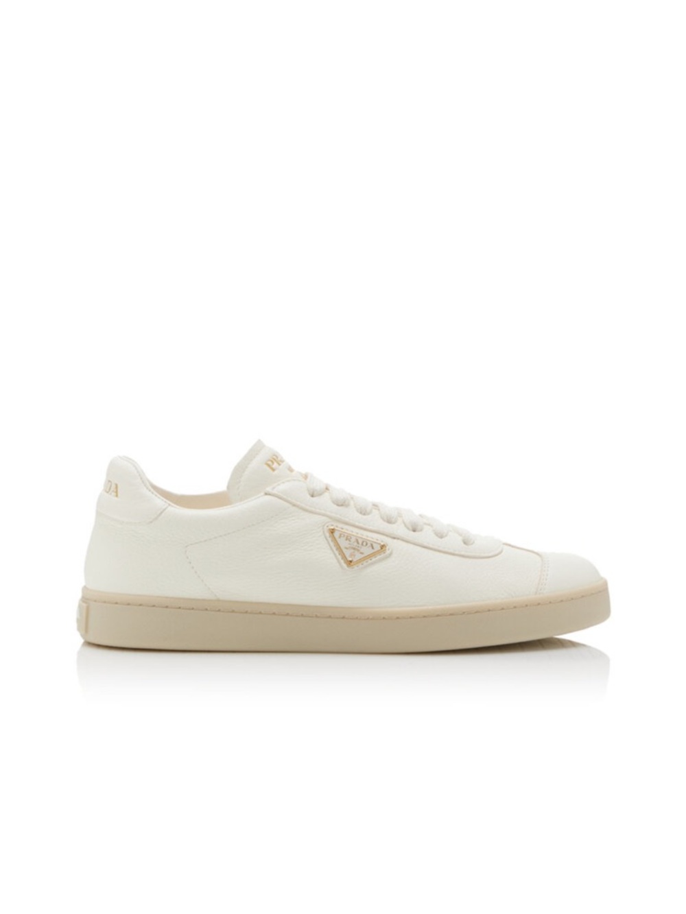 Prada women’s Cream Leather Low-Top Sneaker with Gold Logo